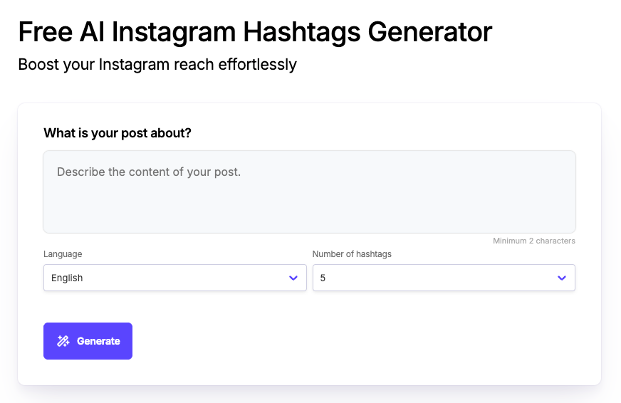 Free AI Instagram Hashtags Generator screenshot and logo
